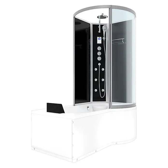 AcquaVapore Komplettdusche Fertigdusche K50-L33 - Schwarz - Moderne weiß-schwarze Duschkabine mit integrierter Badewanne, ausgestattet mit mehreren Duschköpfen, Massagedüsen und Bedienfeld.