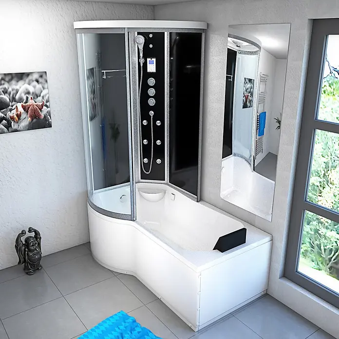 AcquaVapore Komplettdusche Fertigdusche K55-R33 - Schwarz - Moderne schwarz-weiße Eckdusch- und Badewannenkombination, ausgestattet mit mehreren Duschdüsen.