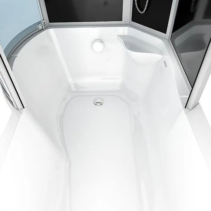 AcquaVapore Komplettdusche Fertigdusche K55-R33 - Schwarz - Weißer Duschkabinen-Innenraum aus Acryl mit Klarglas, integriertem Licht, rutschfestem Boden, zentralem Abfluss und kleiner Ablage.