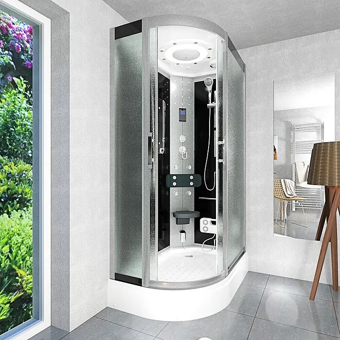 AcquaVapore Komplettdusche Dampfdusche D60-73M2L-EC - Schwarz - Moderne Eckduschkabine mit mattierten Glastüren, schwarzem Interieur und mehreren Duschfunktionen.