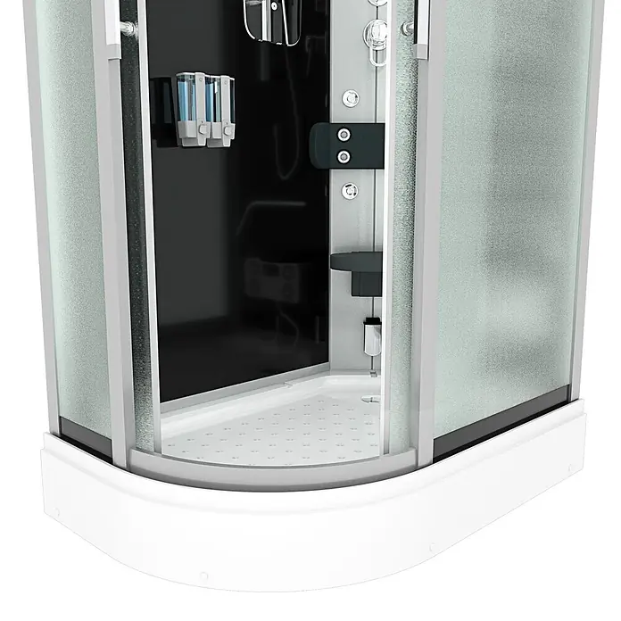 AcquaVapore Komplettdusche Dampfdusche D60-73M2L-EC - Schwarz - Moderne Duschkabine mit mattierten Glaspaneelen, schwarzer Rückwand, weißer Wanne und grauen Seifenspendern.