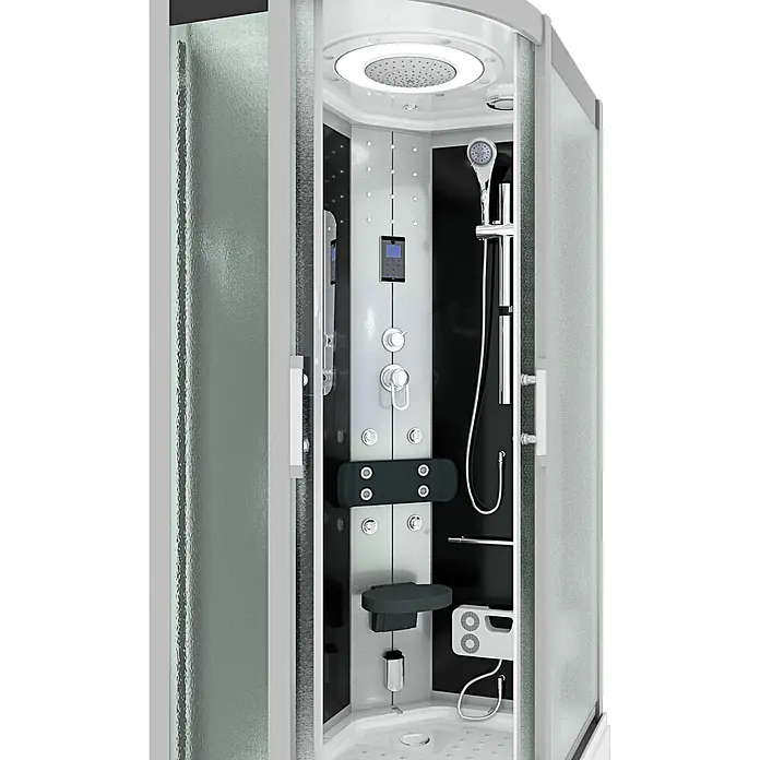 AcquaVapore Komplettdusche Dampfdusche D60-73M2L-EC - Schwarz - Moderne Eckduschkabine mit mattiertem Glas, weißem Rahmen, schwarzem Interieur, Multi-Jet-Duschsystem und integriertem Sitz.