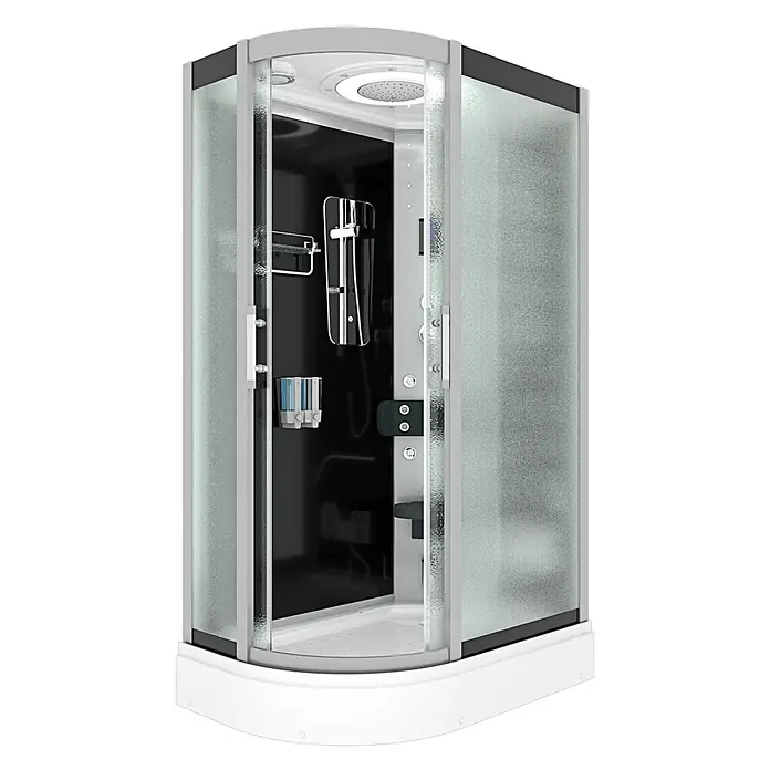 AcquaVapore Komplettdusche Dampfdusche D60-73M2L-EC - Schwarz - Moderne Viertelkreis-Duschkabine mit mattiertem Glas, silbernem Rahmen, schwarzem Interieur und weißem Sockel, mit Kopfbrause und integrierten Spendern.