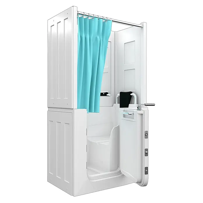 AcquaVapore Komplettdusche Fertigdusche S08D-TH-C-R - 110 x 68 x 205 cm, Weiß - Weiße, barrierefreie Duschkabine mit blauem Vorhang, offener Tür und integriertem Sitz.