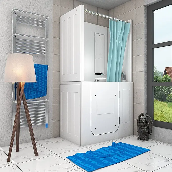 AcquaVapore Komplettdusche Fertigdusche S08D-TH-C-R - 110 x 68 x 205 cm, Weiß - Weiße barrierefreie Badewanne und Duschkombination mit blauem Vorhang in einem modernen Badezimmer.