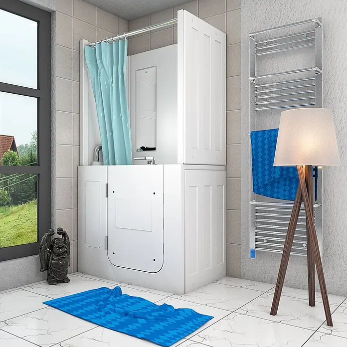 AcquaVapore Komplettdusche Fertigdusche S08D-TH-A-L - 68 x 110 x 205 cm, Weiß - Weiße begehbare Badewanne mit hellblauem Duschvorhang in einem modernen Badezimmer.
