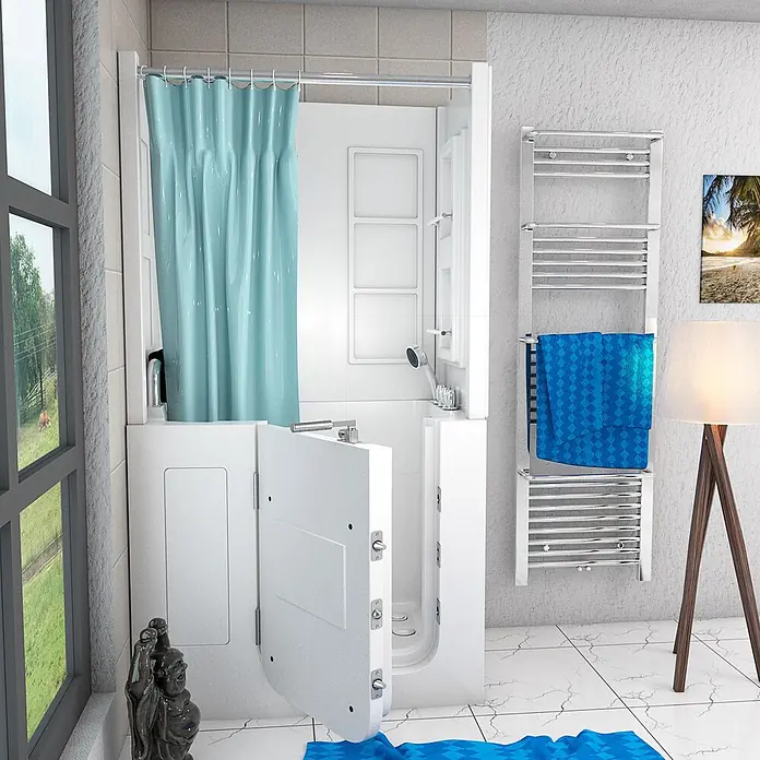 AcquaVapore Komplettdusche Fertigdusche S08D-TH-A-L - Weiß - Weiße begehbare Badewanne mit offener Tür und blauem Duschvorhang in modernem Bad, barrierefreies Design.
