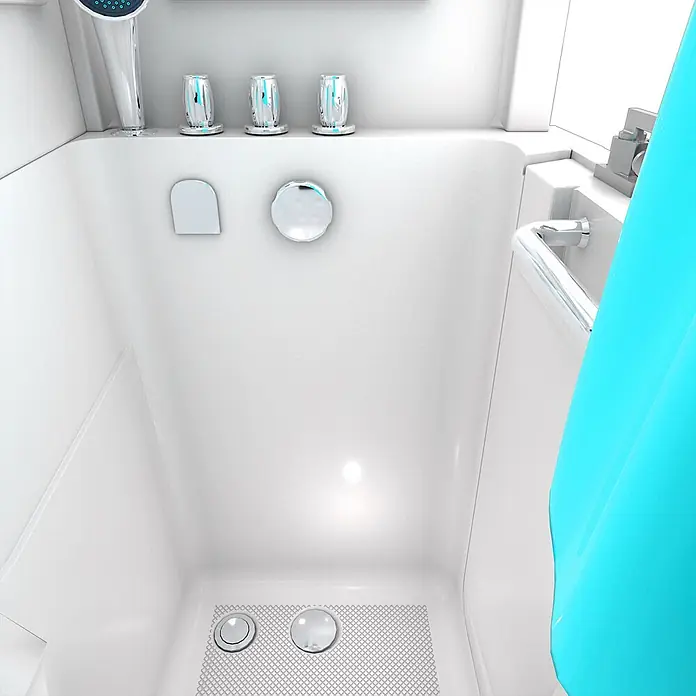 AcquaVapore Komplettdusche Fertigdusche S08D-TH-C-L - Weiß - Weiße Dusch-Wannen-Kombination mit Chromarmaturen, rutschfestem Boden und türkisfarbenem Duschvorhang.