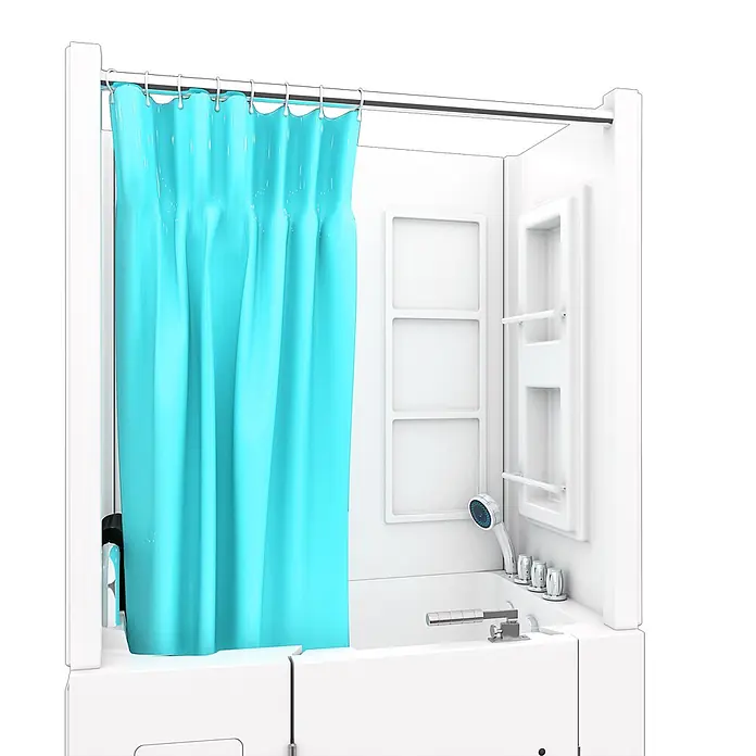 AcquaVapore Komplettdusche Fertigdusche S08D-TH-C-L - Weiß - Weiße Dusch-Badewannen-Einheit mit integrierten Ablagen, Chromarmaturen und einem leuchtend türkisen Duschvorhang.
