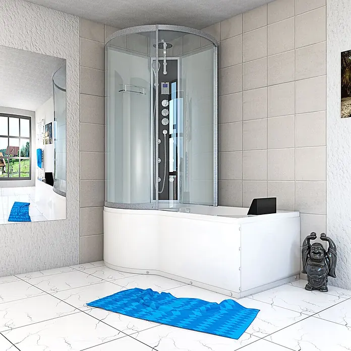 AcquaVapore Komplettdusche Fertigdusche K50-R03 - Weiß - Weiße Eckduschkabine mit integrierter Badewanne in einem modernen Badezimmer.
