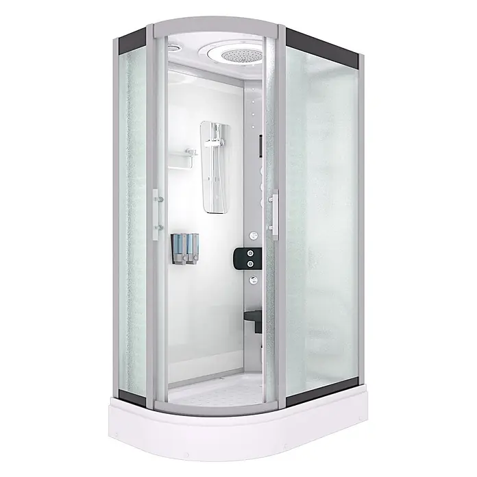 AcquaVapore Komplettdusche Dampfdusche D60-70M3L - Weiß - Moderne Eckduschkabine mit Milchglas, hellgrauem Rahmen und integrierter Kopfbrause, Handbrause und Massagedüsen.