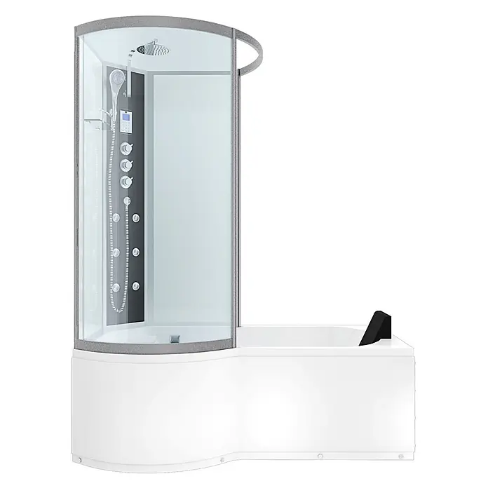 AcquaVapore Komplettdusche Fertigdusche K50-R03 - Weiß - Weiße Dusch-Badewannen-Kombination mit gebogener Glaskabine, grauem Rahmen, Regen-, Hand- und Massageduschen, Bedienfeld und schwarzer Kopfstütze.