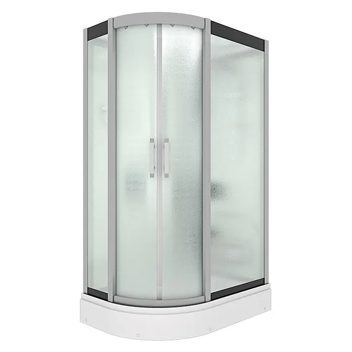 AcquaVapore Komplettdusche Dampfdusche D60-70M3L - Weiß - Eckduschkabine mit mattierten Glasschiebetüren, grauem Rahmen und weißer gebogener Basis.