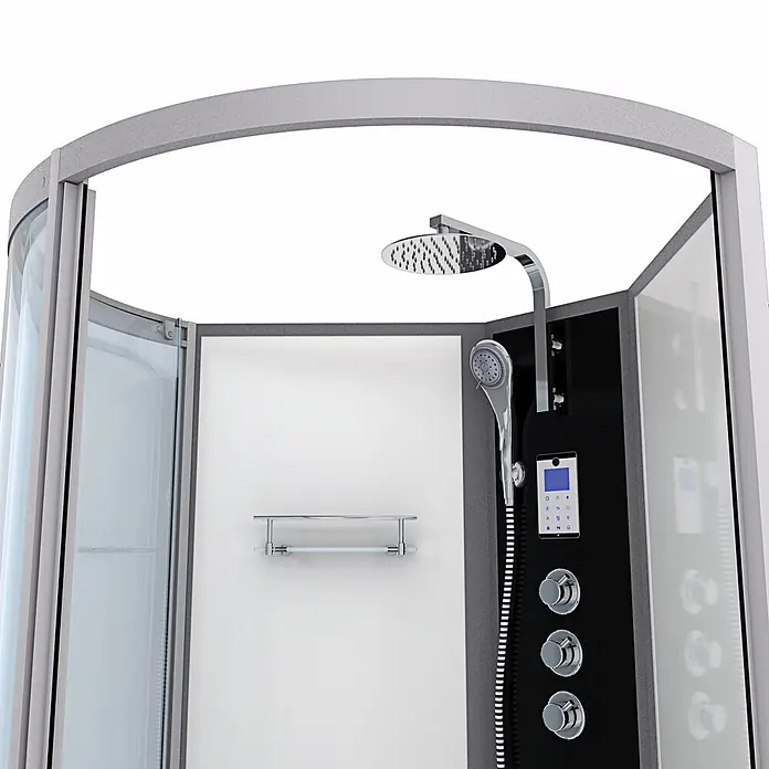 AcquaVapore Komplettdusche Fertigdusche K50-R03 - Weiß - Moderne Duschkabine mit Kopf- und Handbrause, schwarzem Bedienfeld und silberner Verkleidung. Weiße Innenpaneele.