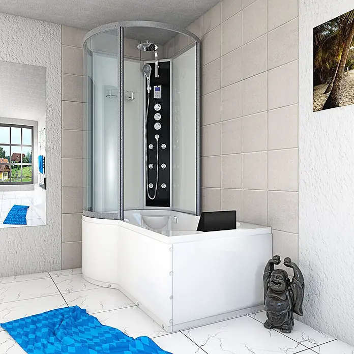 AcquaVapore Komplettdusche Fertigdusche K50-R03 - Weiß - Weiße Eckduschkabine mit Klarglas und schwarzem Duschpaneel, mit integrierter Badewanne, in einem modernen Badezimmer.