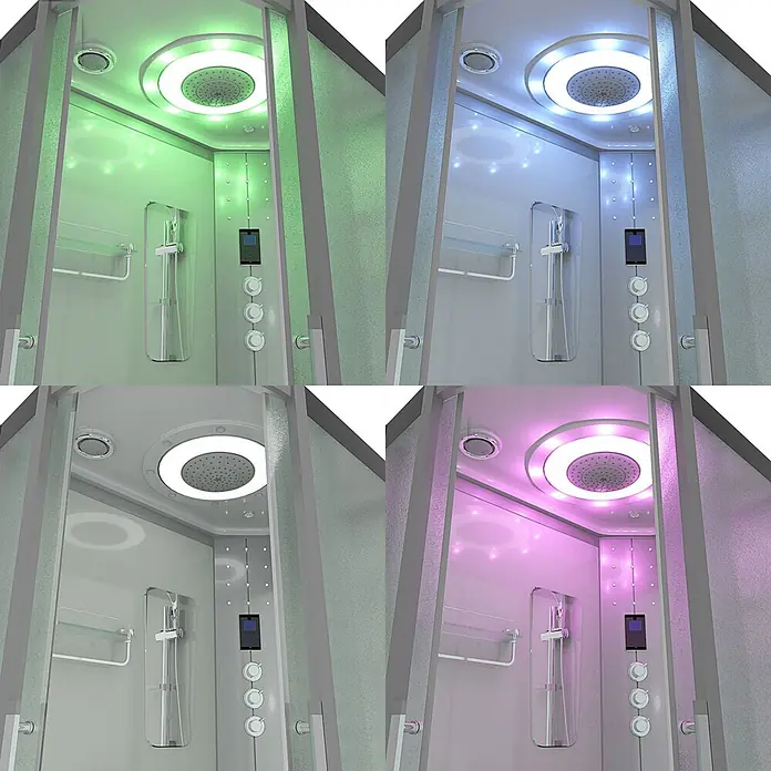 AcquaVapore Komplettdusche Dampfdusche D60-70M3L - Weiß - Moderne Duschkabine mit mehrfarbiger LED-Beleuchtung in Grün, Blau und Pink. Verfügt über eine Regendusche, Handbrause und Bedienfeld.