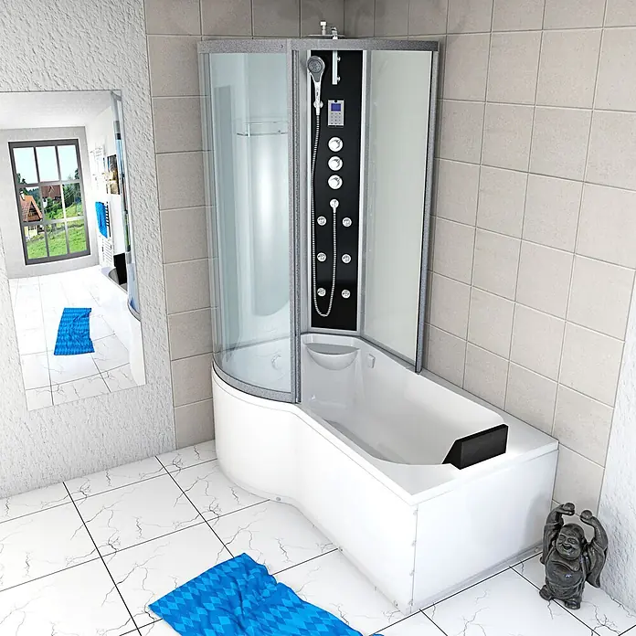 AcquaVapore Komplettdusche Fertigdusche K50-R03 - Weiß - Moderne weiße Dusch-Badewannen-Kombination mit klarer Glasduschkabine und schwarzem Duschpaneel, im Badezimmer.