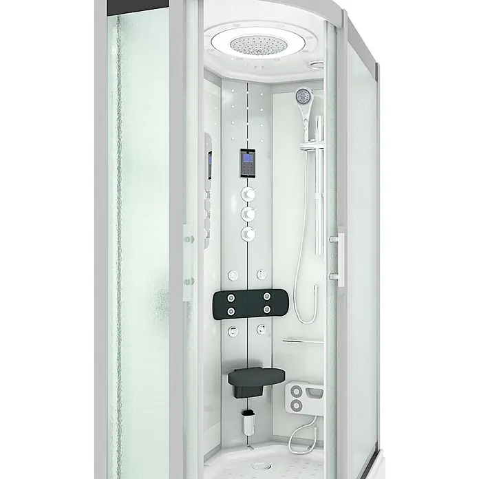 AcquaVapore Komplettdusche Dampfdusche D60-70M3L - Weiß - Moderne weiß-graue Duschkabine mit Milchglastüren, Regendusche, Handbrause, Massagedüsen, digitaler Steuerung und Klappsitz.