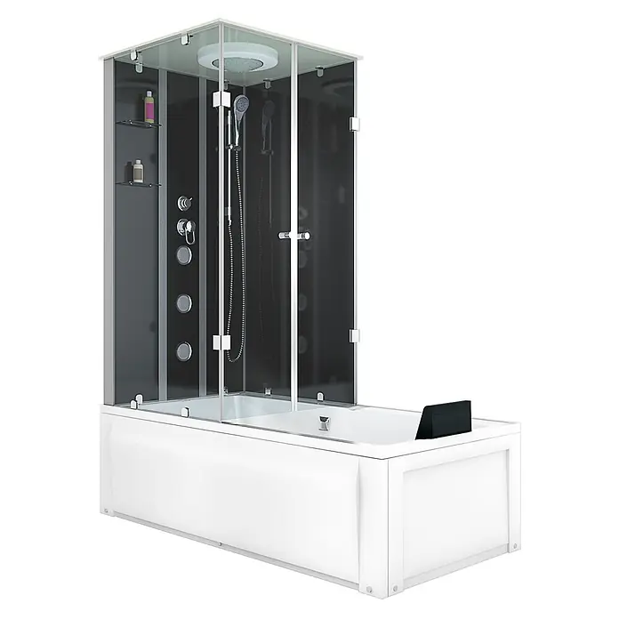 AcquaVapore Komplettdusche Fertigdusche K05-R30-WP-EC - Schwarz - Moderne Duschkabine mit integrierter weißer Badewanne, klarer Glasumrandung, schwarzen Rückwänden und Chromarmaturen.