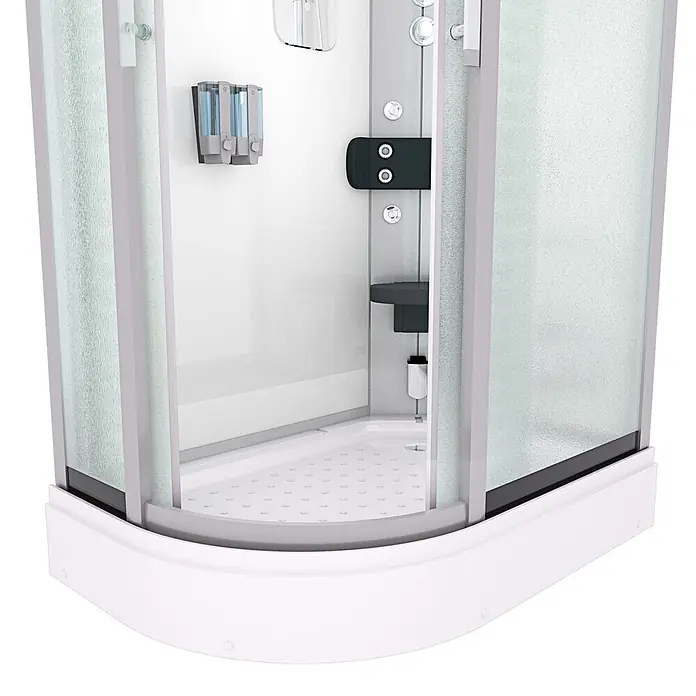 AcquaVapore Komplettdusche Dampfdusche D60-70M3L - Weiß - Moderne Eckduschkabine mit Milchglaswänden, weißer Basis und integrierten Seifenspendern und Sitz.