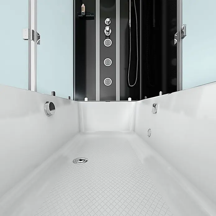 AcquaVapore Komplettdusche Fertigdusche K05-R30-EC - Schwarz - Weiße Duschkabine mit tiefer Wanne, schwarzem/silbernem Hydromassage-Panel und Klarglastüren.
