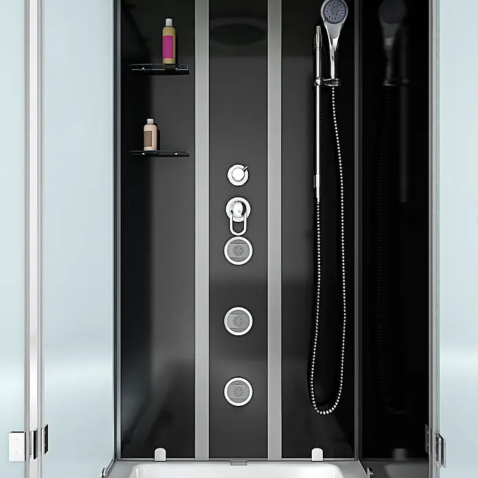 AcquaVapore Komplettdusche Fertigdusche K05-R30-WP-EC - Schwarz - Moderne Duschkabine mit dunkler Rückwand, Chromarmaturen, Massagedüsen, Handbrause und integrierten Ablagen mit Flaschen.