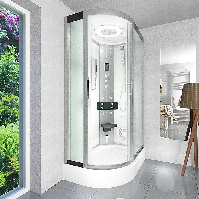AcquaVapore Komplettdusche Dampfdusche D60-70M3L - Weiß - Moderne Eckduschkabine mit Klarglaswänden, internem Duschpanel und Sitz, in einem modernen Badezimmer.