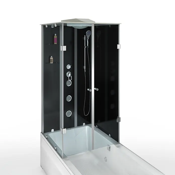 AcquaVapore Komplettdusche Fertigdusche K05-R30-EC - Schwarz - Schwarze und verchromte Dusch-Badewannen-Kombination mit klarer Glasduschkabine und integrierter weißer Wanne.