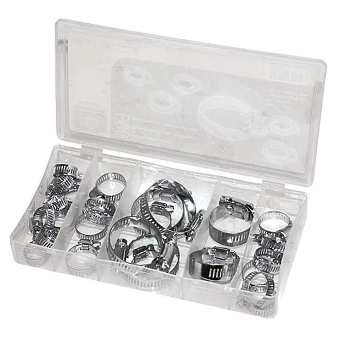 BAUHAUS Surtido de abrazaderas para manguera - 26 ud., Metal - Surtido de abrazaderas de manguera en una caja de plástico transparente, ideales para diversos ajustes de tamaño.