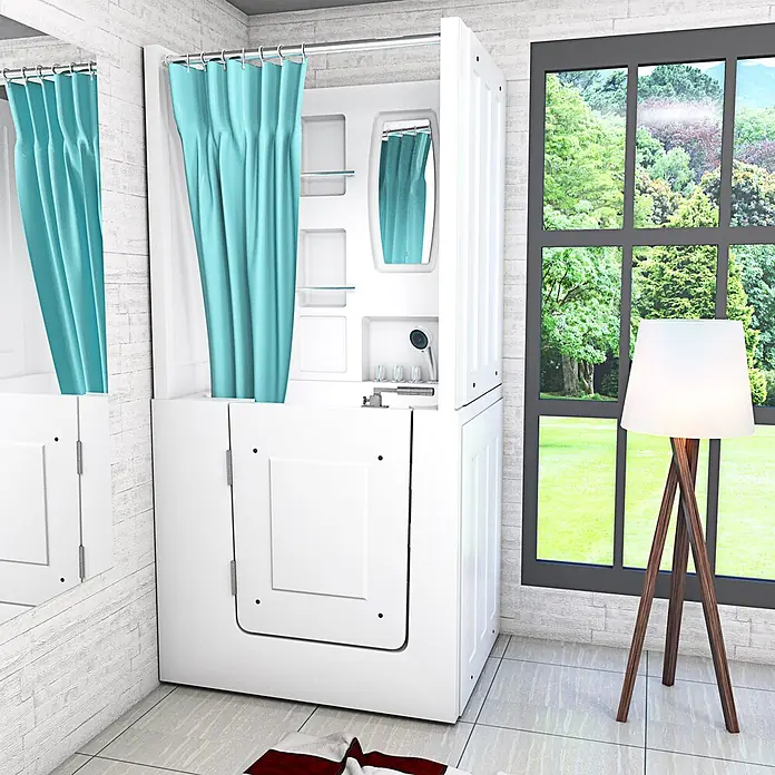 AcquaVapore Komplettdusche Fertigdusche S02D-TH-A-L - Weiß - Barrierefreie weiße Walk-in-Duschbadewanne mit türkisem Vorhang, Seiteneinstiegstür und integrierten Funktionen in einem modernen Bad.