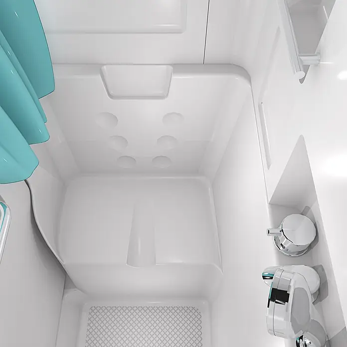 AcquaVapore Komplettdusche Fertigdusche S02D-C-L - 100 x 78 x 205 cm, Weiß - Weißer Duschkabinen-Innenraum mit blauem Vorhang, Chromarmaturen, rutschfestem Boden und Massagedüsen.
