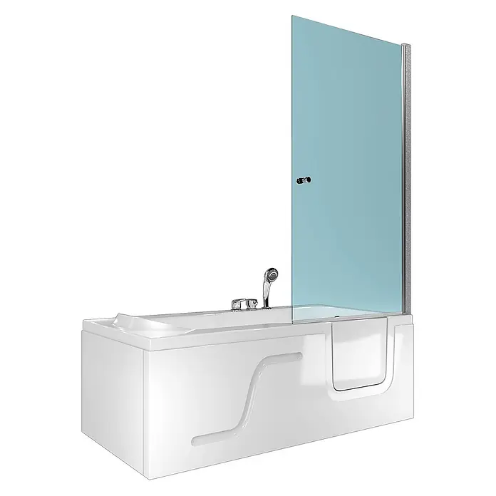 AcquaVapore Komplettdusche Fertigdusche S17D-EH-L-EC - Weiß - Weiße barrierefreie Badewanne mit integrierter transparenter blauer Duschwand und Chromarmatur.