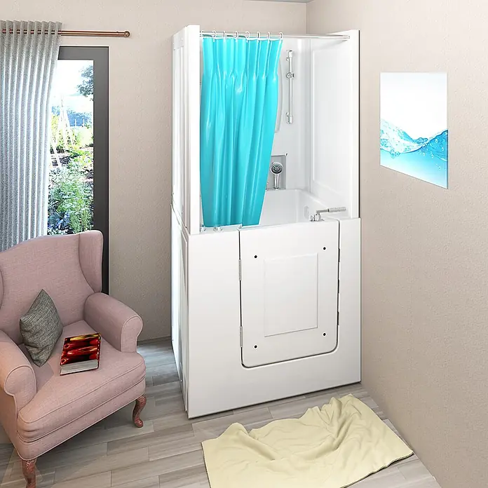 AcquaVapore Komplettdusche Fertigdusche S02D-C-L - 100 x 78 x 205 cm, Weiß - Weiße Badewanne mit Einstieg, integrierter Dusche und türkisfarbenem Vorhang in einem gemütlichen Raum für barrierefreies Baden.