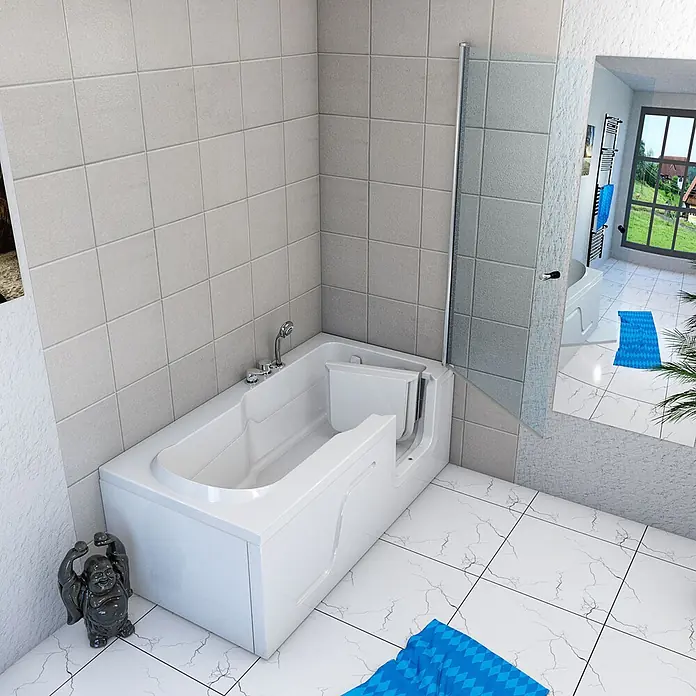 AcquaVapore Komplettdusche Fertigdusche S17D-EH-L-EC - Weiß - Weiße barrierefreie Badewanne mit integriertem Sitz und Klapptür, in einem gefliesten Bad mit Duschabtrennung.