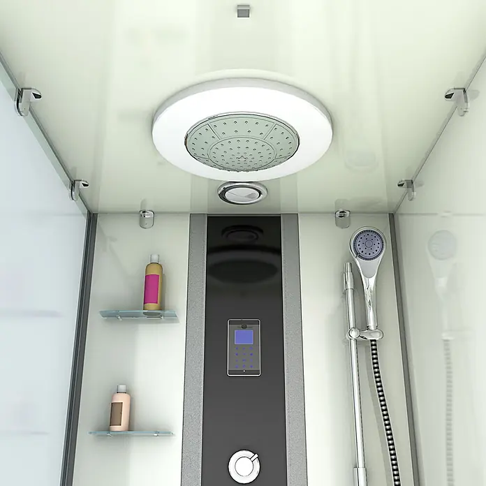 AcquaVapore Komplettdusche Fertigdusche K05-R01-EC - Weiß - Inneres einer modernen Duschkabine mit großer Regendusche, Handbrause und digitalem Bedienfeld.