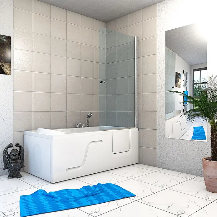 AcquaVapore Komplettdusche Fertigdusche S17D-EH-L-EC - Weiß - Weiße begehbare Badewanne mit integrierter Glas-Duschwand in einem modernen gefliesten Badezimmer.