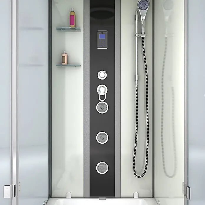 AcquaVapore Komplettdusche Fertigdusche K05-R01-EC - Weiß - Moderne Duschkabine mit Glaswänden, schwarzem und grauem Bedienfeld, verchromter Handbrause und Massagedüsen.
