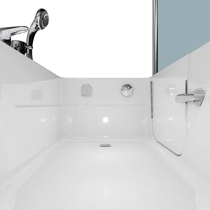 AcquaVapore Komplettdusche Fertigdusche S17D-EH-L-EC - Weiß - Weiße barrierefreie Badewanne mit Einstiegstür, Chromarmaturen, rutschfestem Boden und Handbrause.