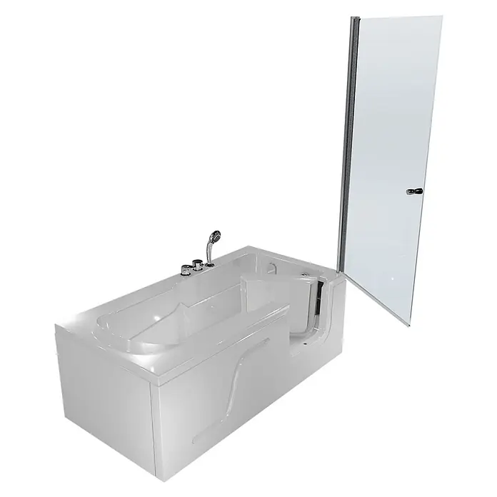 AcquaVapore Komplettdusche Fertigdusche S17D-EH-L-EC - Weiß - Weiße begehbare Badewanne mit integriertem Sitz, Chromarmaturen und offener Duschabtrennung aus Glas.