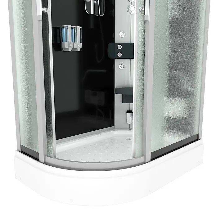 AcquaVapore Komplettdusche Fertigdusche D60-73M1L - Schwarz - Eck-Duschkabine mit Milchglas, schwarzer Rückwand und weißer Duschwanne.