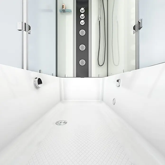 AcquaVapore Komplettdusche Fertigdusche K05-R02 - Weiß - Weiße Duschkabine mit integrierter Badewanne, rutschfestem Boden und grauem Bedienfeld mit Chromdüsen und -knöpfen.