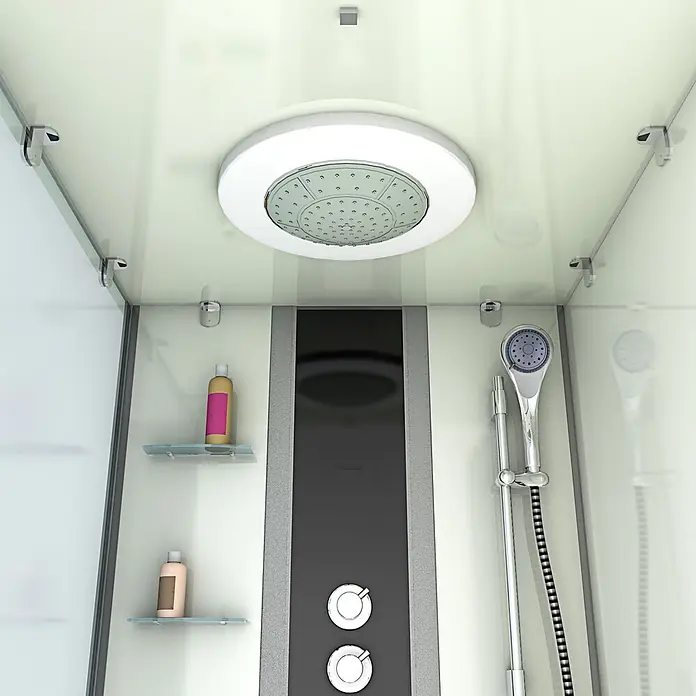 AcquaVapore Komplettdusche Fertigdusche K05-R02 - Weiß - Moderner Duschkabinen-Innenraum mit großer Kopfbrause, Handbrause, Bedienelementen und Glasablagen mit Pflegeprodukten.
