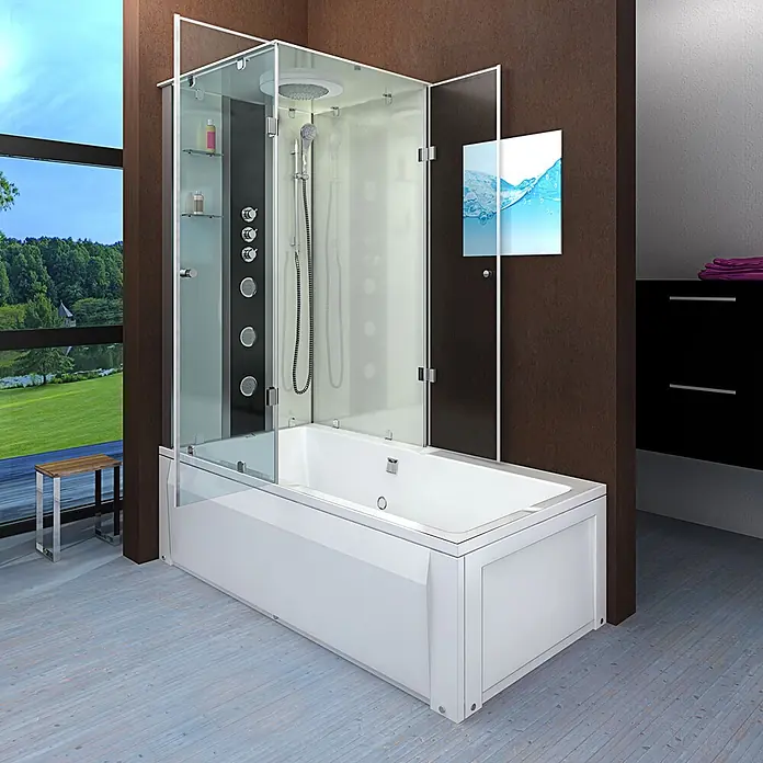 AcquaVapore Komplettdusche Fertigdusche K05-R02 - Weiß - Weiße Badewanne mit integrierter Glasduschkabine, ausgestattet mit Duschpaneel und Düsen, in einem modernen Badezimmer.