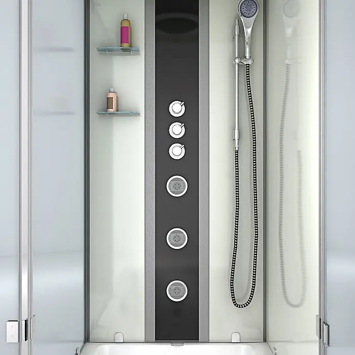 AcquaVapore Komplettdusche Fertigdusche K05-R02-WP-EC - Weiß - Moderne Duschkabine mit mattierten Glaswänden, schwarzem Massageduschpaneel, Handbrause und Ablagen.