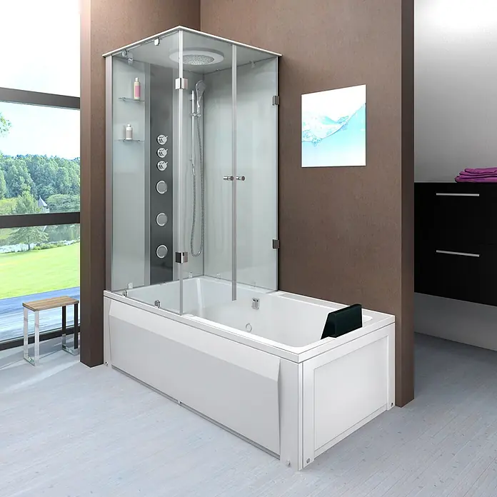AcquaVapore Komplettdusche Fertigdusche K05-R02 - Weiß - Weiße Dusch-Badewannen-Kombination mit klarer Glasduschkabine und Chromarmaturen, in einem modernen Badezimmer.