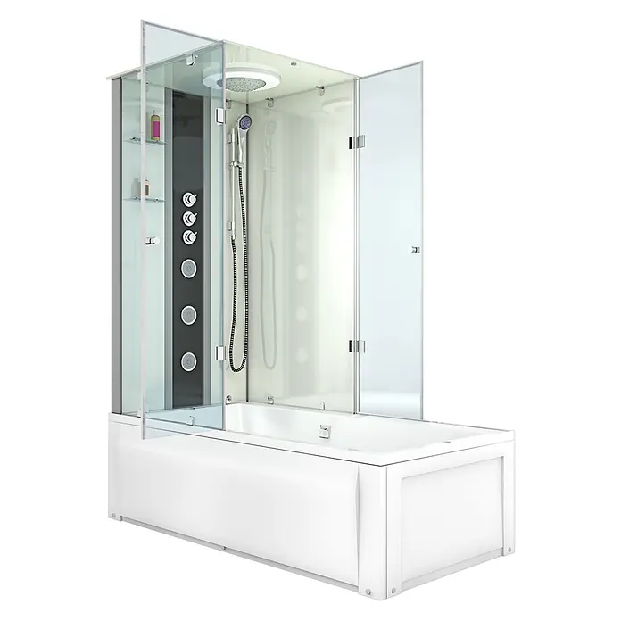 AcquaVapore Komplettdusche Fertigdusche K05-R02 - Weiß - Weiße Dusch-Badewannen-Kombination mit klarer Glasabtrennung, Kopfbrause, Handbrause und Massagedüsen.