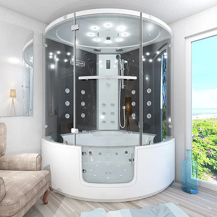 AcquaVapore Komplettdusche Dampfdusche K60-SW-EH-EC-SC - Schwarz - Luxuriöse weiße und schwarze Eckduschkabine mit Klarglastüren, integrierter Whirlpool-Wanne und mehreren Duschfunktionen.