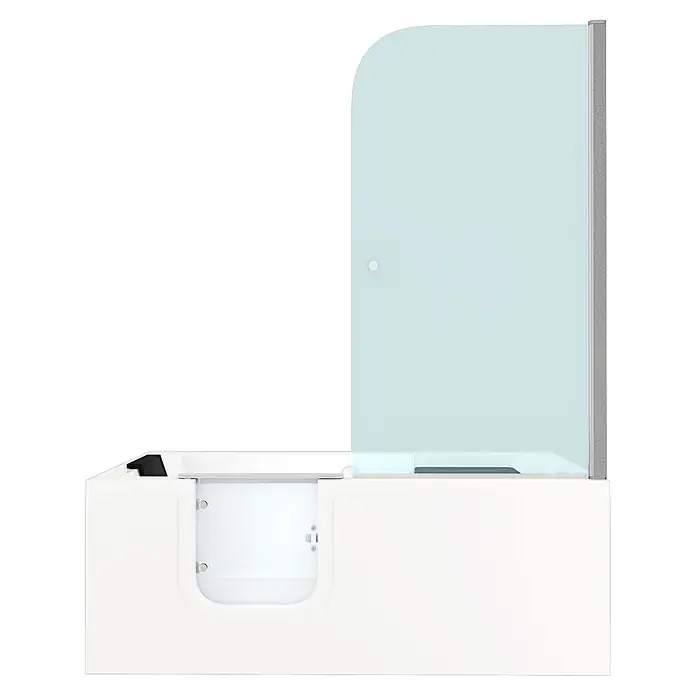 AcquaVapore Komplettdusche Fertigdusche S15D-L-EC - 150 x 75 x 215 cm, Weiß - Weiße begehbare Badewanne mit klarer Glasduschwand und grauem Rahmen.