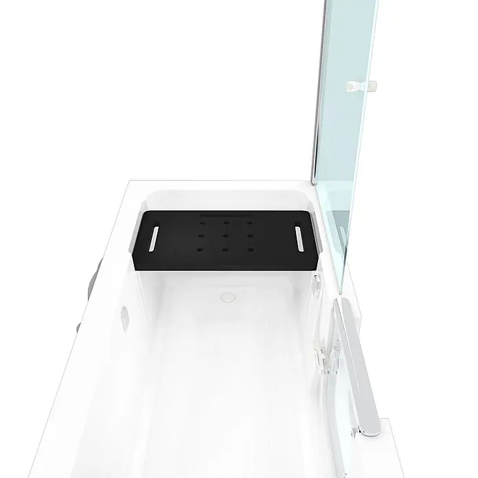 AcquaVapore Komplettdusche Fertigdusche S15D-L-EC - 150 x 75 x 215 cm, Weiß - Draufsicht einer weißen Badewanne mit schwarzem, perforiertem Transferbrett und einer klaren Glas-Duschwand.