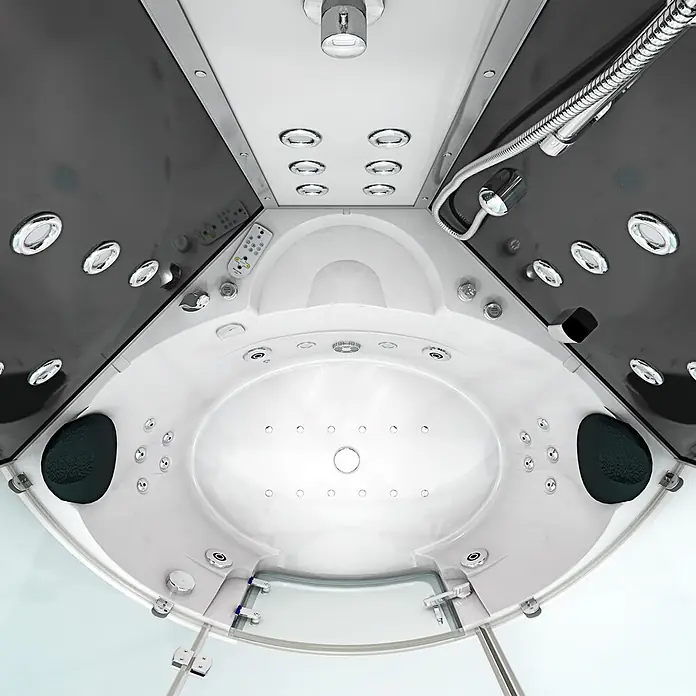AcquaVapore Komplettdusche Dampfdusche K60-SW-EH-EC-SC - Schwarz - Innenansicht einer weißen und dunkelgrauen Multifunktions-Duschkabine mit Hydro-Massage-Düsen und Handbrause.